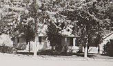 Black and white photo of a house surrounded by leafy trees