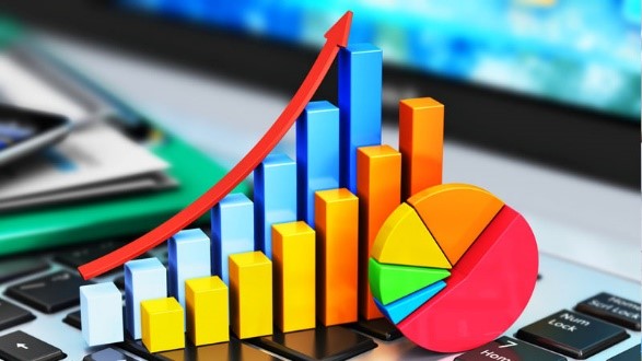 3D render of two increasing bar graphs and a pie chart