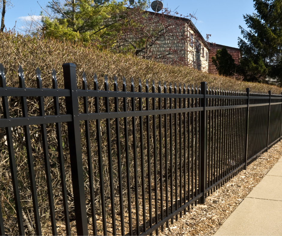metal fence bordering foliage, house in background