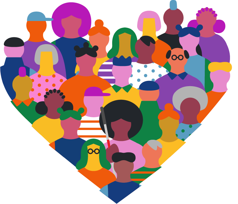 Logo comprised of humanoid shapes in different colors forming a heart shape