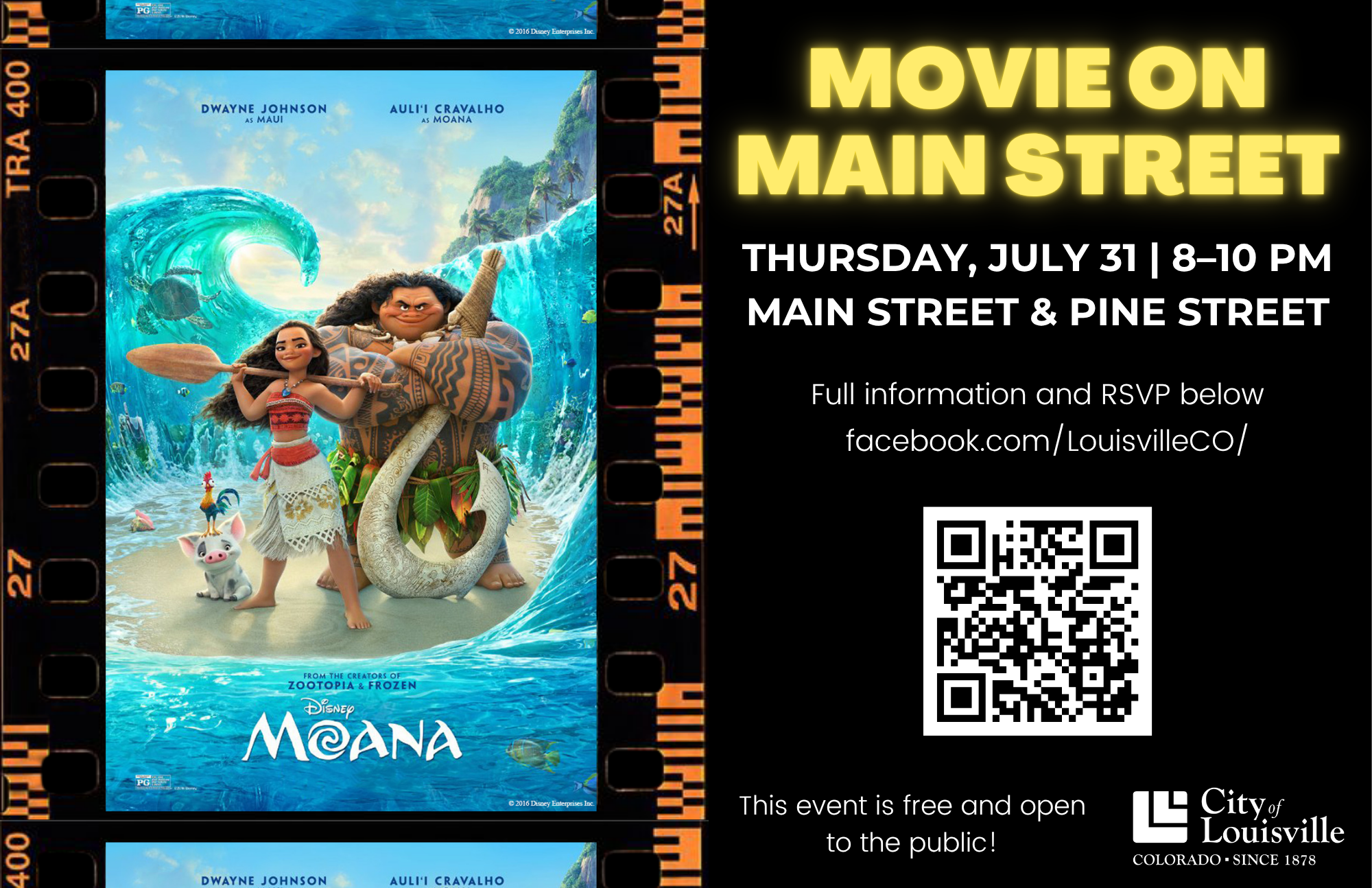 Flyer with text: Movie on Main Street - Thursday, July 31st. 8:00 PM - 10:00 PM - Main Street & Pine Street - Full information and RSVP below - This event is free and open to the public
