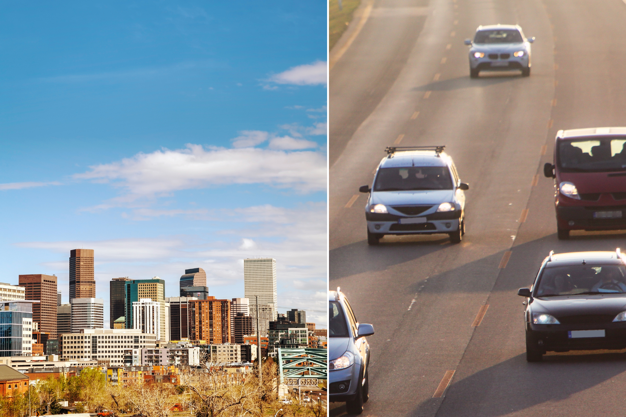 Denver Skyline with trees in the foreground and then cars on a highway on the right side of photo