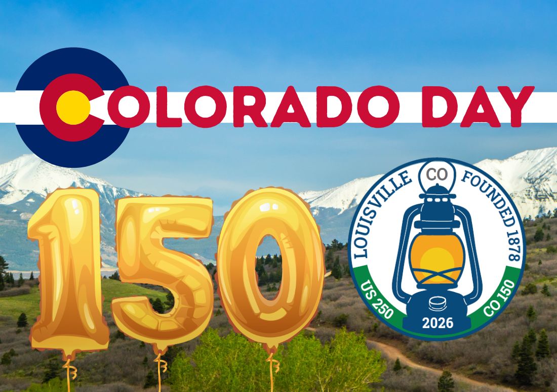Image of Mountains and balloons spelling 150 to celebrate Colorado Day